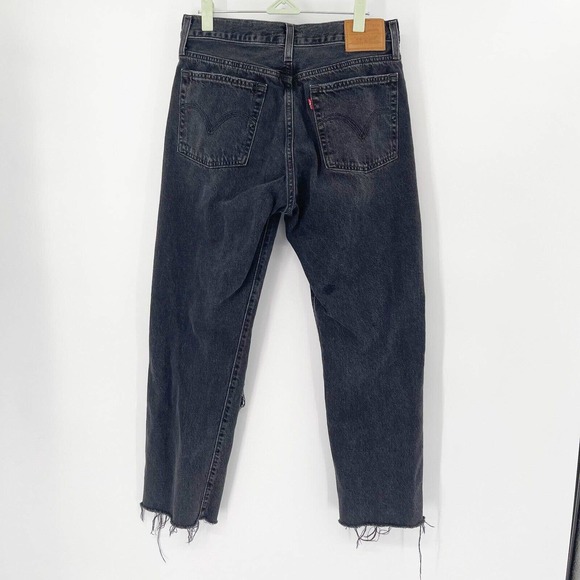 Levi's‎ Wedgie Straight Ripped Denim Jeans Sz 29 Black High Rise Pockets Raw Hem - Picture 4 of 12